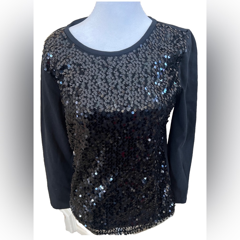 J.Crew SEQUIN BLACK SPARKLY Long Sleeve Blouse Top Women’s Size Small